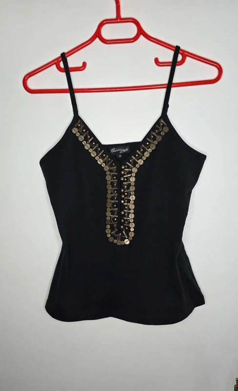 Top bretelle en coton noir avec perles chaînes taille 2