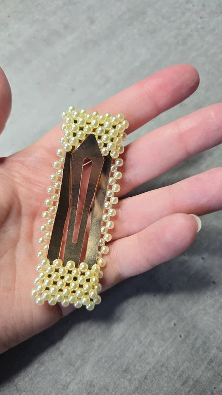Barrette large pour cheveux - perles beige blanc nacré - fermoir doré - pour femme fille
