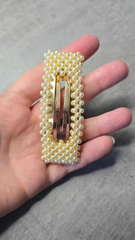 Barrette large pour cheveux - perles beige blanc nacré - fermoir doré - pour femme fille