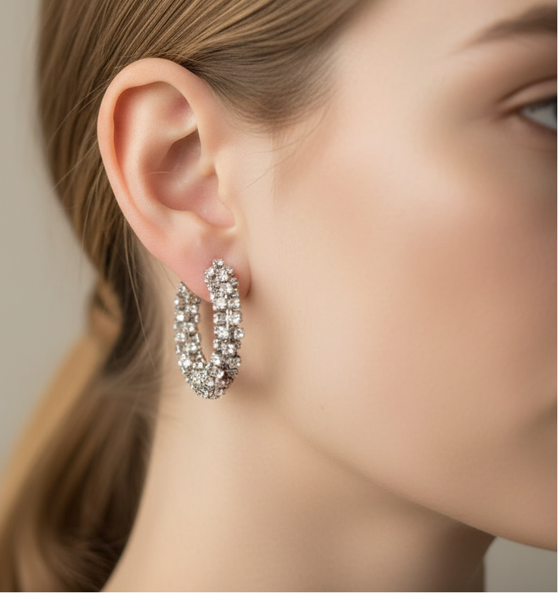 Boucles d'oreilles type petite créole orné de strass argentés
