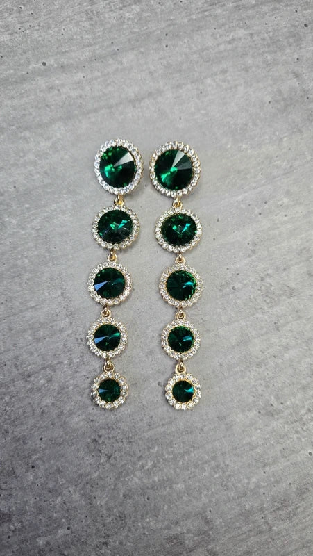 Boucles d'oreilles strass pierre facette effet émeraude - longue pendante - doré vert argenté - neuf