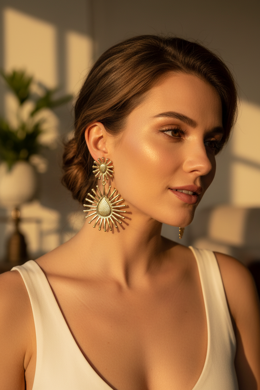 Boucles d'oreilles - neuf - effet fleur texturé - couleur doré - légère longue pendante