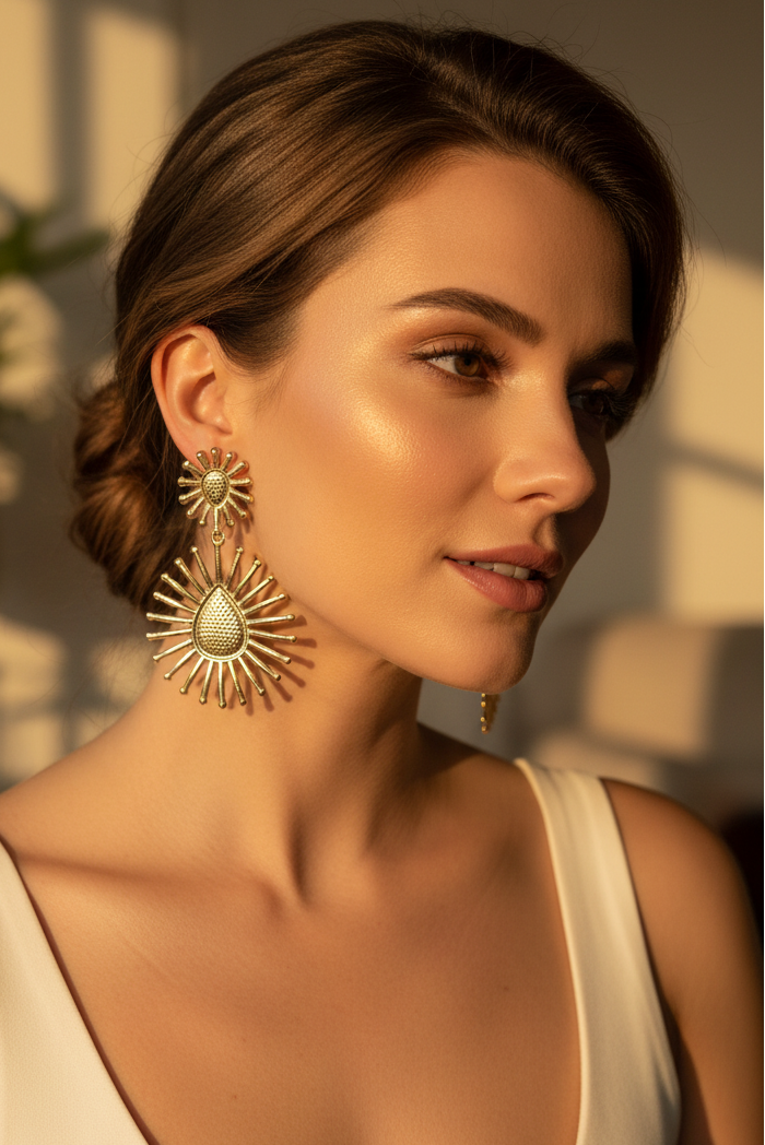 Boucles d'oreilles - neuf - effet fleur texturé - couleur doré - légère longue pendante