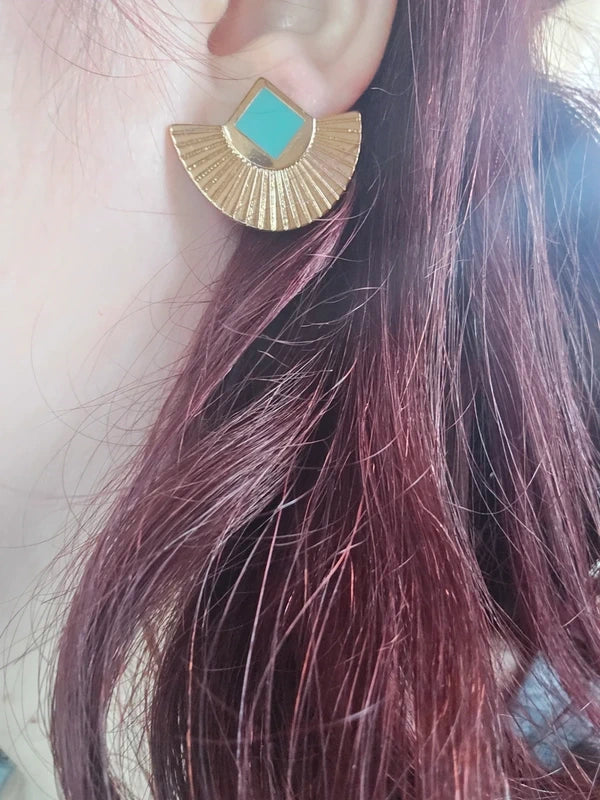 boucles d'oreilles vintage - neuf - doré et bleu turquoise - esprit bohème aztèque ethnique - effet éventail - légère