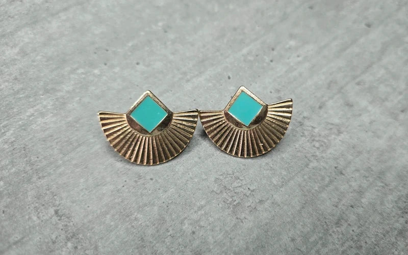 boucles d'oreilles vintage - neuf - doré et bleu turquoise - esprit bohème aztèque ethnique - effet éventail - légère