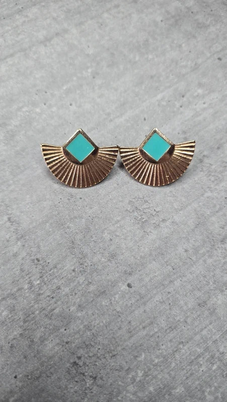 boucles d'oreilles vintage - neuf - doré et bleu turquoise - esprit bohème aztèque ethnique - effet éventail - légère
