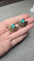boucles d'oreilles vintage - neuf - doré et bleu turquoise - esprit bohème aztèque ethnique - effet éventail - légère