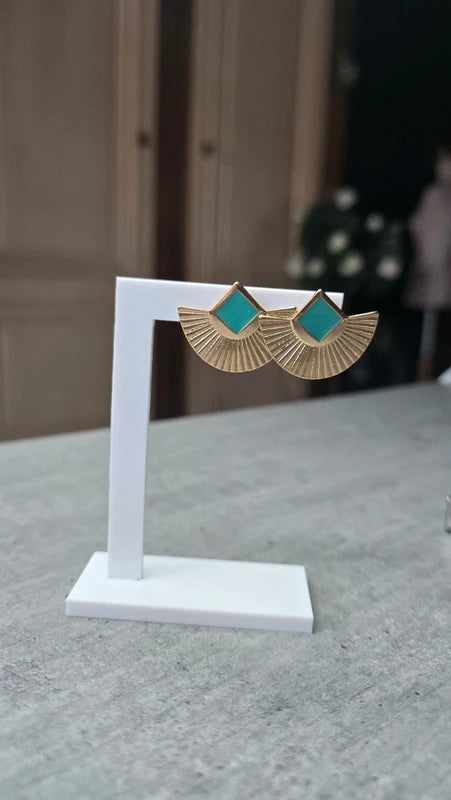 boucles d'oreilles vintage - neuf - doré et bleu turquoise - esprit bohème aztèque ethnique - effet éventail - légère