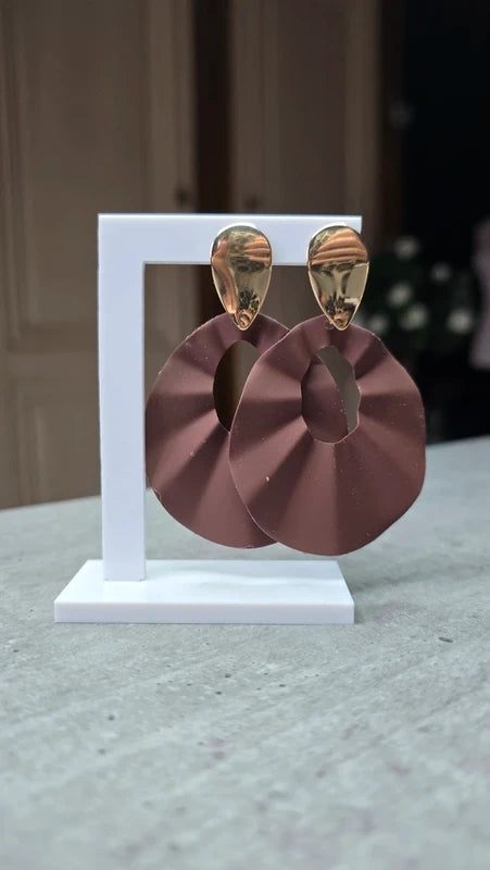 Boucles d'oreilles - neuf - rondes alvéolé - doré marron mate - pendante longue légère