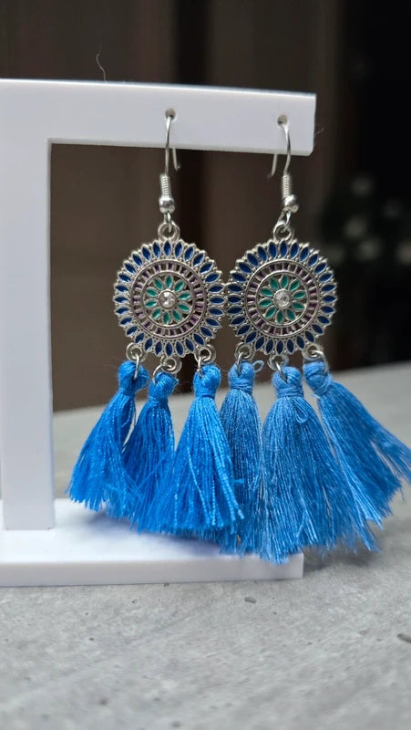 boucles d'oreilles - neuf - mandala pompons strass - rose jaune argenté - style amérindien légère pendante