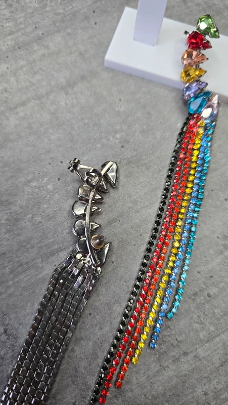 boucles d'oreilles neuf - pierre strass multicolore - contour oreille - brillante légère pendante