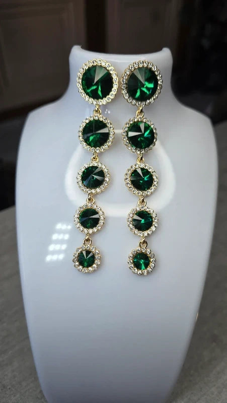 Boucles d'oreilles strass pierre facette effet émeraude - longue pendante - doré vert argenté - neuf