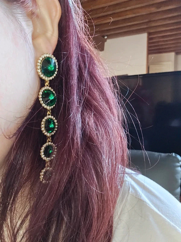 Boucles d'oreilles strass pierre facette effet émeraude - longue pendante - doré vert argenté - neuf