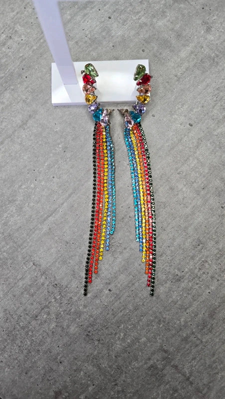 boucles d'oreilles neuf - pierre strass multicolore - contour oreille - brillante légère pendante