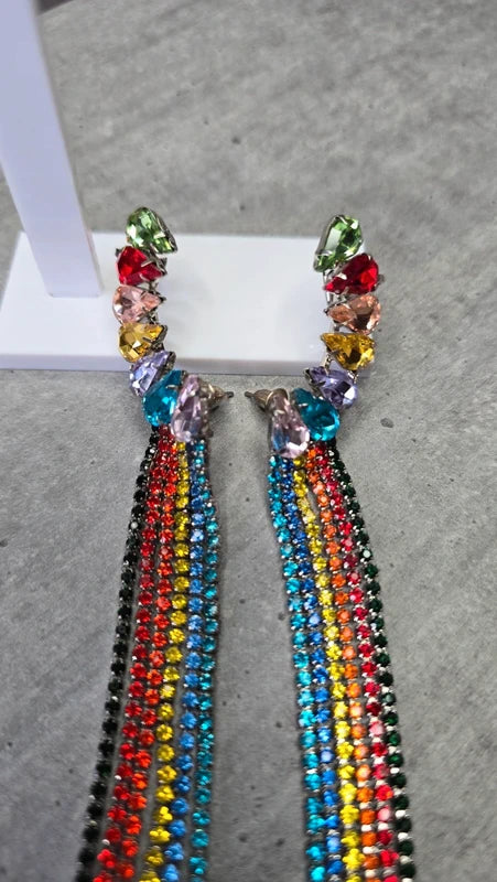boucles d'oreilles neuf - pierre strass multicolore - contour oreille - brillante légère pendante