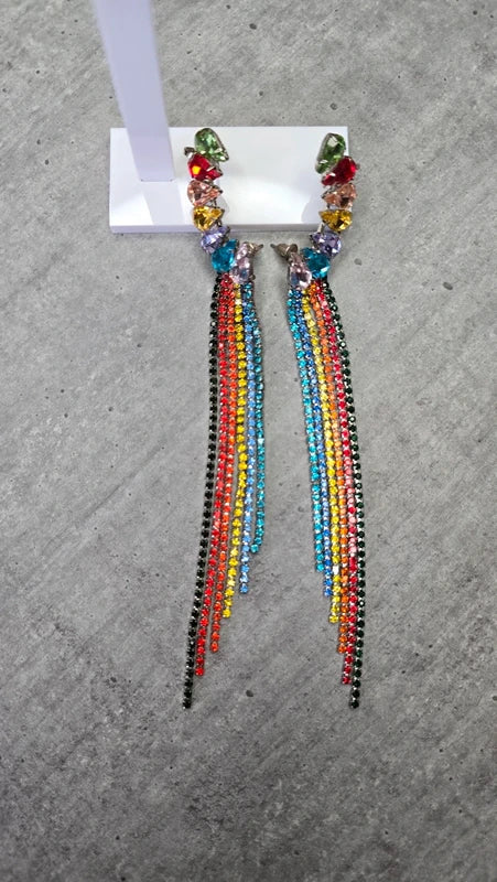 boucles d'oreilles neuf - pierre strass multicolore - contour oreille - brillante légère pendante