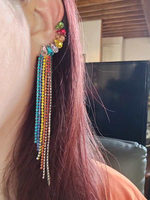 boucles d'oreilles neuf - pierre strass multicolore - contour oreille - brillante légère pendante