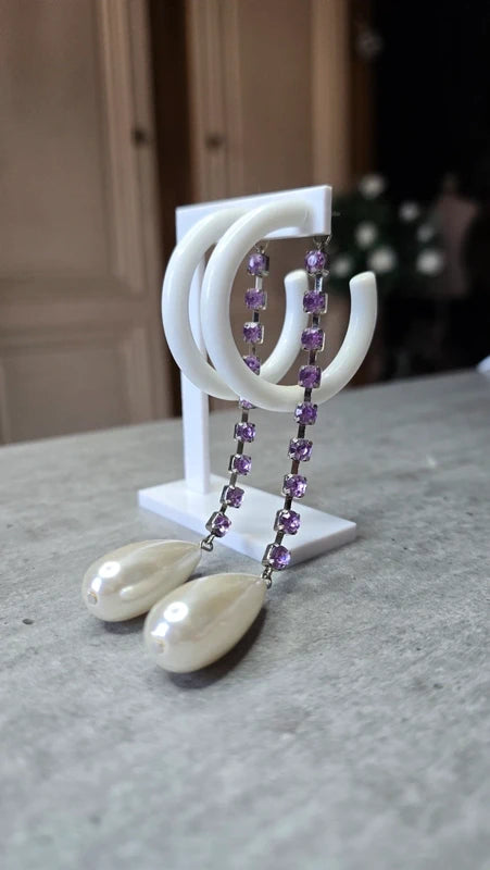 boucle d'oreilles - créole blanche - pendant strass violet effet perle de culture blanc nacré - légère