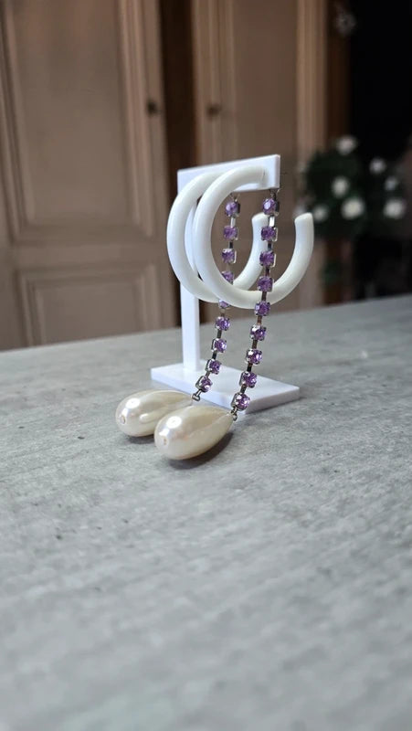 boucle d'oreilles - créole blanche - pendant strass violet effet perle de culture blanc nacré - légère