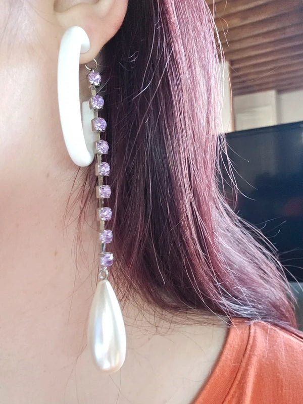 boucle d'oreilles - créole blanche - pendant strass violet effet perle de culture blanc nacré - légère