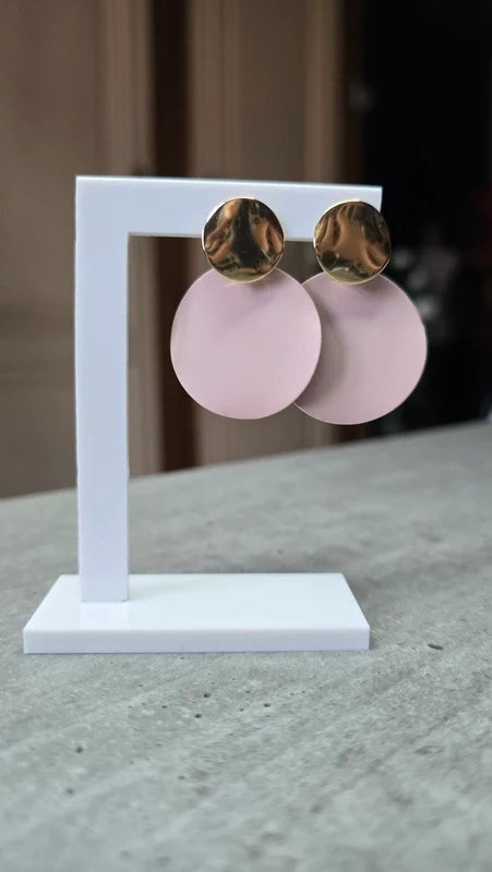 Boucles d'oreilles neuf - ronde rose pastel mate doré - pendante longue légère