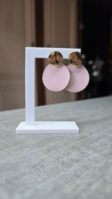 Boucles d'oreilles neuf - ronde rose pastel mate doré - pendante longue légère
