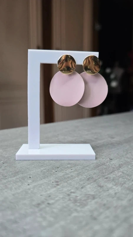 Boucles d'oreilles neuf - ronde rose pastel mate doré - pendante longue légère