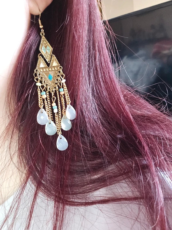 boucles d'oreilles chic - neuf - doré rose bleu - bohème aztèque ethnique pierres perles légère longue