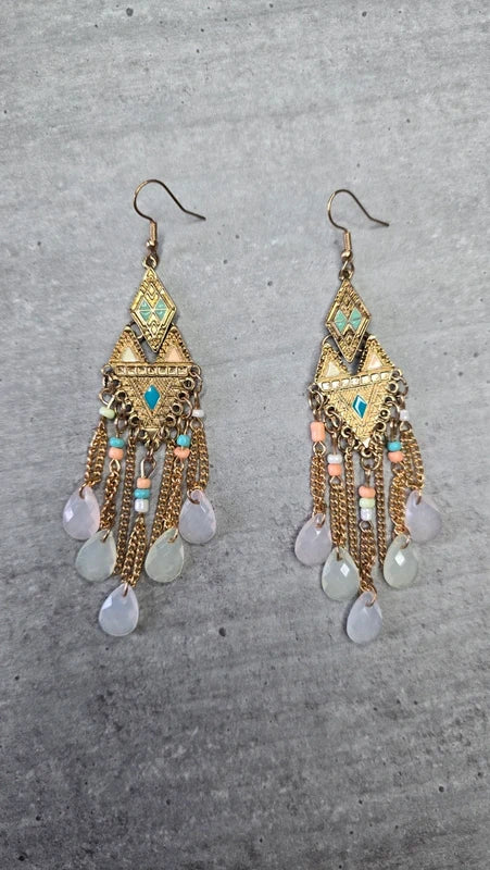 boucles d'oreilles chic - neuf - doré rose bleu - bohème aztèque ethnique pierres perles légère longue