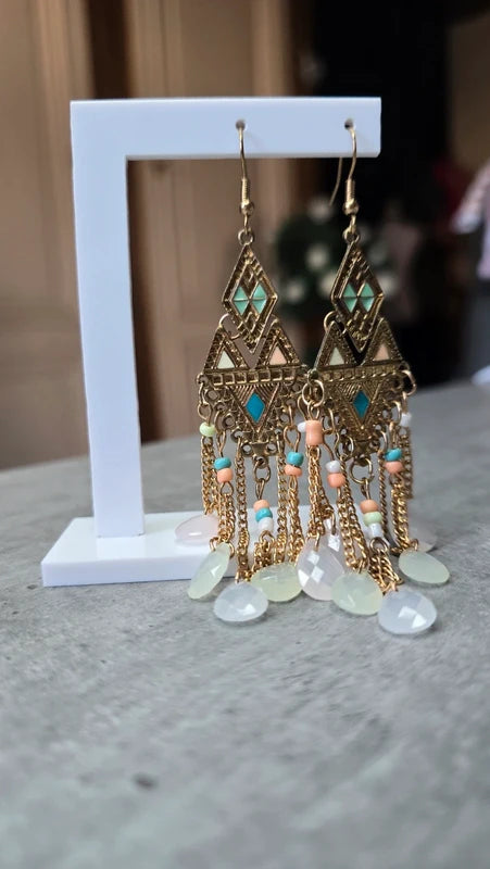 boucles d'oreilles chic - neuf - doré rose bleu - bohème aztèque ethnique pierres perles légère longue