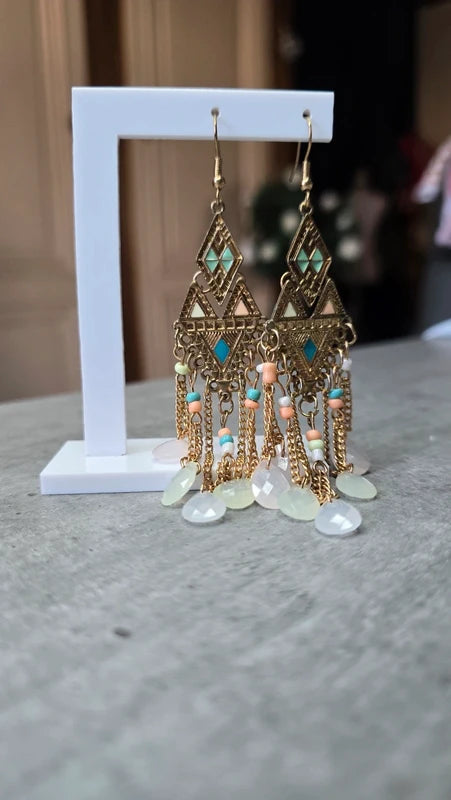boucles d'oreilles chic - neuf - doré rose bleu - bohème aztèque ethnique pierres perles légère longue