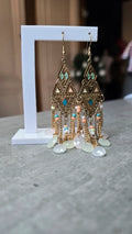 boucles d'oreilles chic - neuf - doré rose bleu - bohème aztèque ethnique pierres perles légère longue