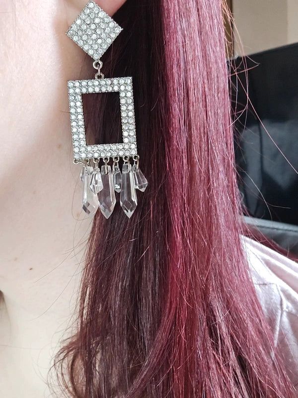 Boucles d'oreilles vintage - neuf - pierre strass argenté pampilles perles losange carré - pendante légère - acier inoxydable