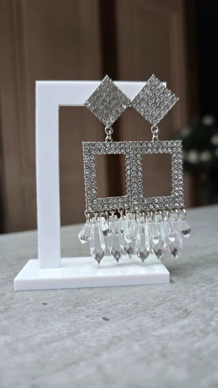 Boucles d'oreilles vintage - neuf - pierre strass argenté pampilles perles losange carré - pendante légère - acier inoxydable