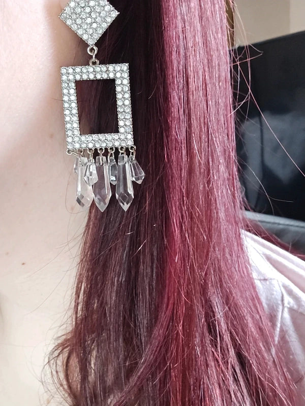 Boucles d'oreilles vintage - neuf - pierre strass argenté pampilles perles losange carré - pendante légère - acier inoxydable