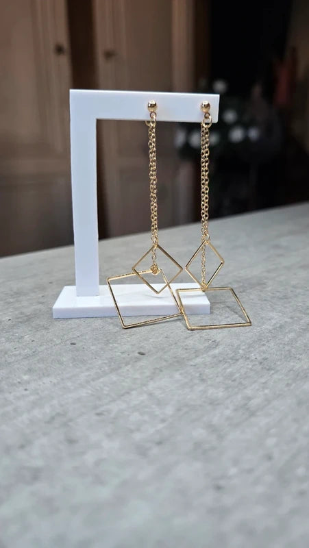 Boucles d'oreilles - neuf - doré - géométrique carré losange - chic tendance légère pendante longue
