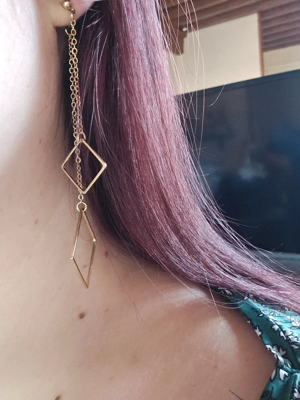 Boucles d'oreilles - neuf - doré - géométrique carré losange - chic tendance légère pendante longue