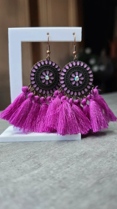 boucles d'oreilles - neuf - mandala pompons strass - jaune violet corail - style amérindien légère pendante