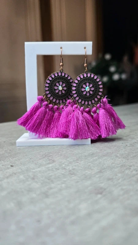 boucles d'oreilles - neuf - mandala pompons strass - jaune violet corail - style amérindien légère pendante