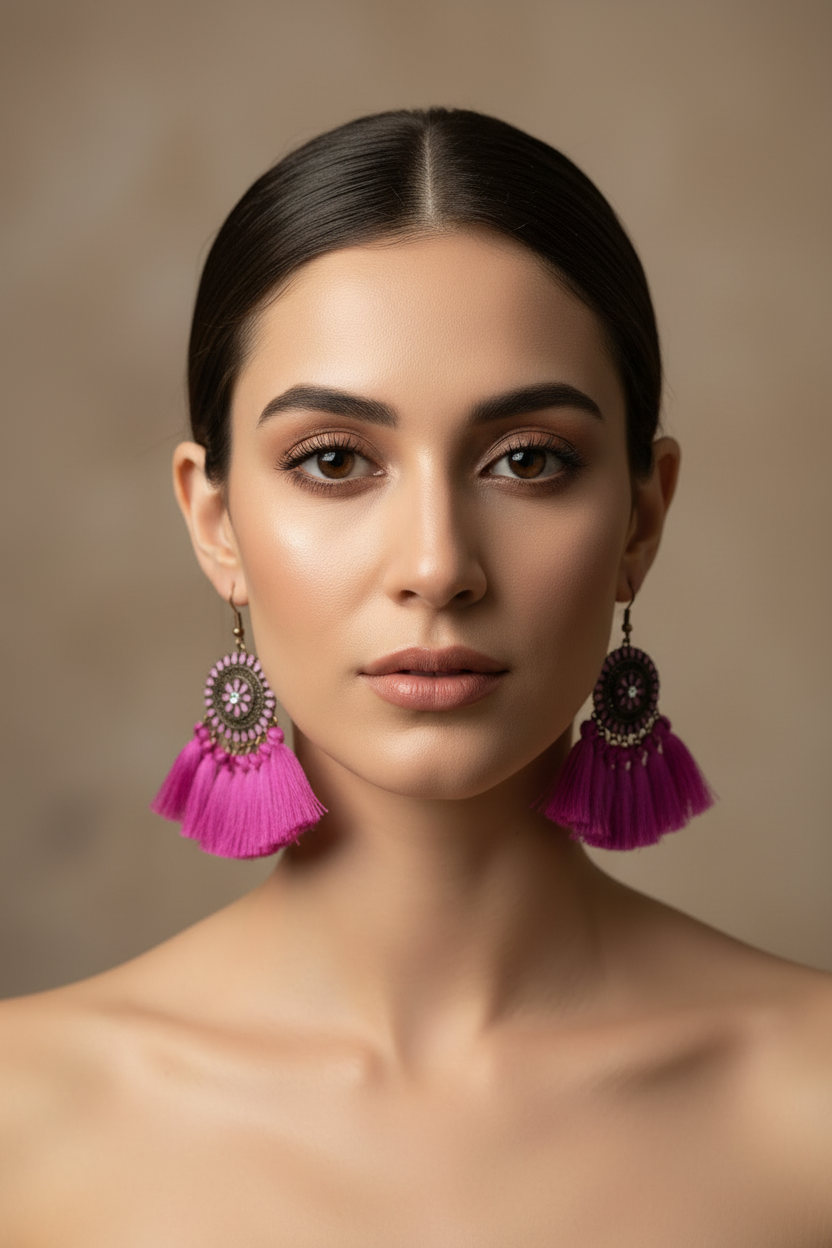 boucles d'oreilles - neuf - mandala pompons strass - jaune violet corail - style amérindien légère pendante
