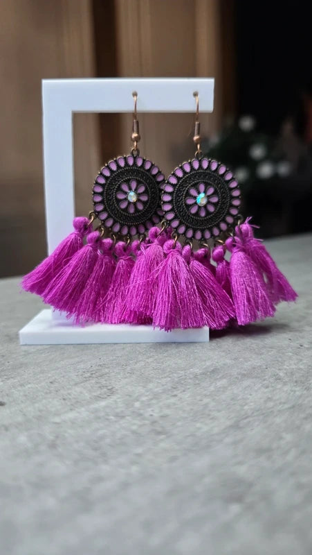 boucles d'oreilles - neuf - mandala pompons strass - jaune violet corail - style amérindien légère pendante