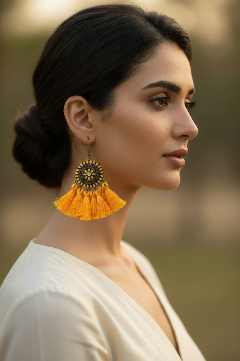 boucles d'oreilles - neuf - mandala pompons strass - jaune violet corail - style amérindien légère pendante
