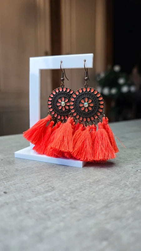 boucles d'oreilles - neuf - mandala pompons strass - jaune violet corail - style amérindien légère pendante