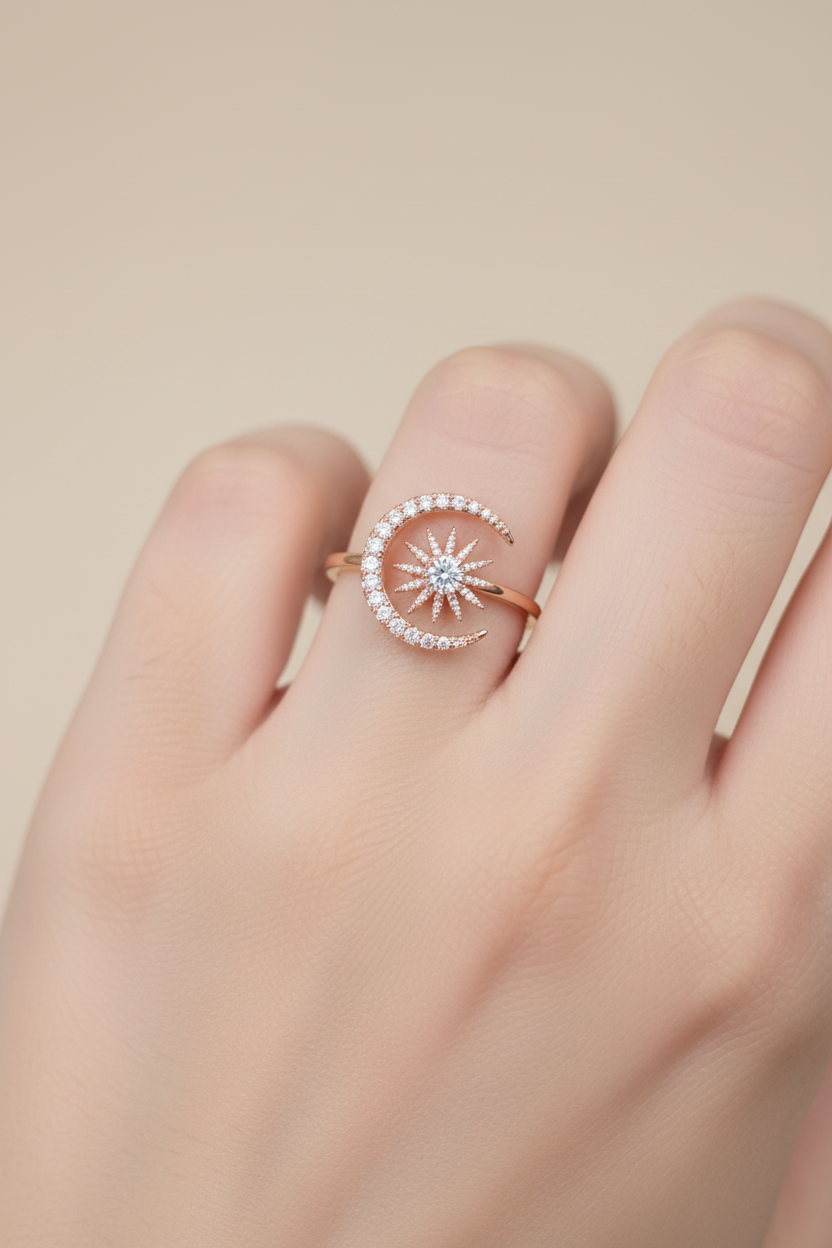 Bague neuf - doré argenté - strass lune soleil - taille ajustable - tendance