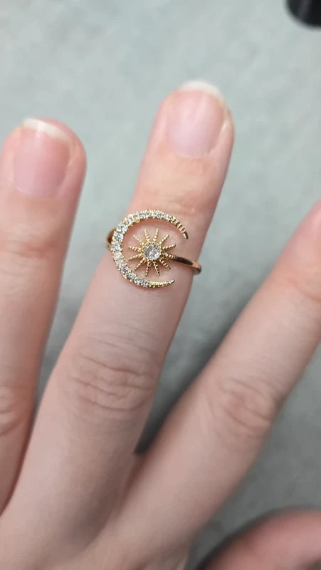 Bague neuf - doré argenté - strass lune soleil - taille ajustable - tendance