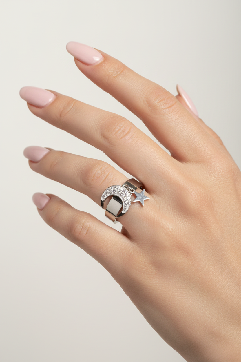 Bague anneau neuf - argenté strass - charms breloques lune étoile - taille ajustable - tendance - acier