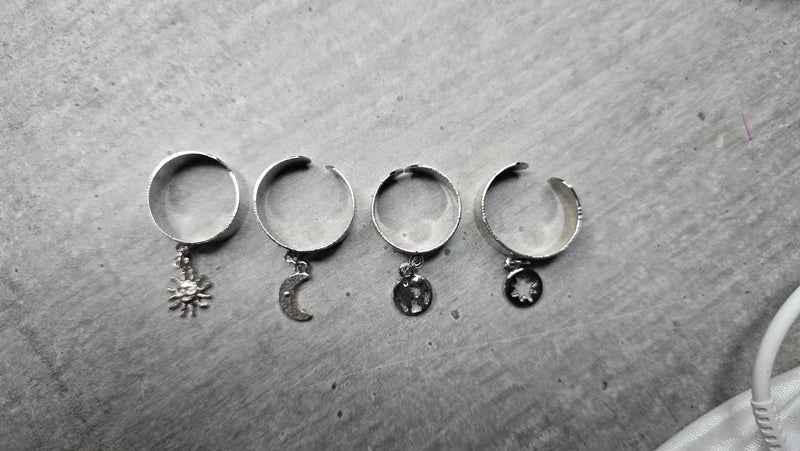 bagues argenté - large - charms breloque soleil fleurs terre lune - ajustable - tendance