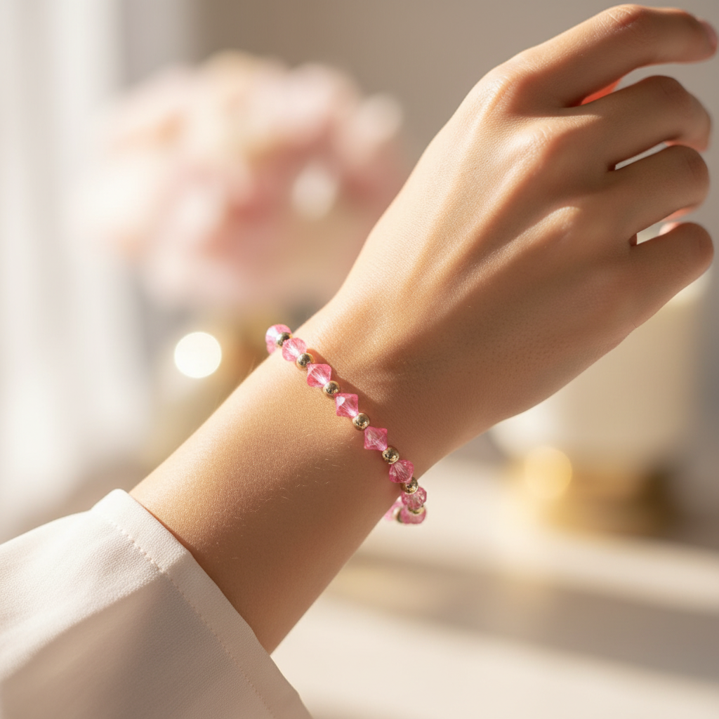 bracelet - neuf - fait main - femme ou fille - perles rose brillante doré