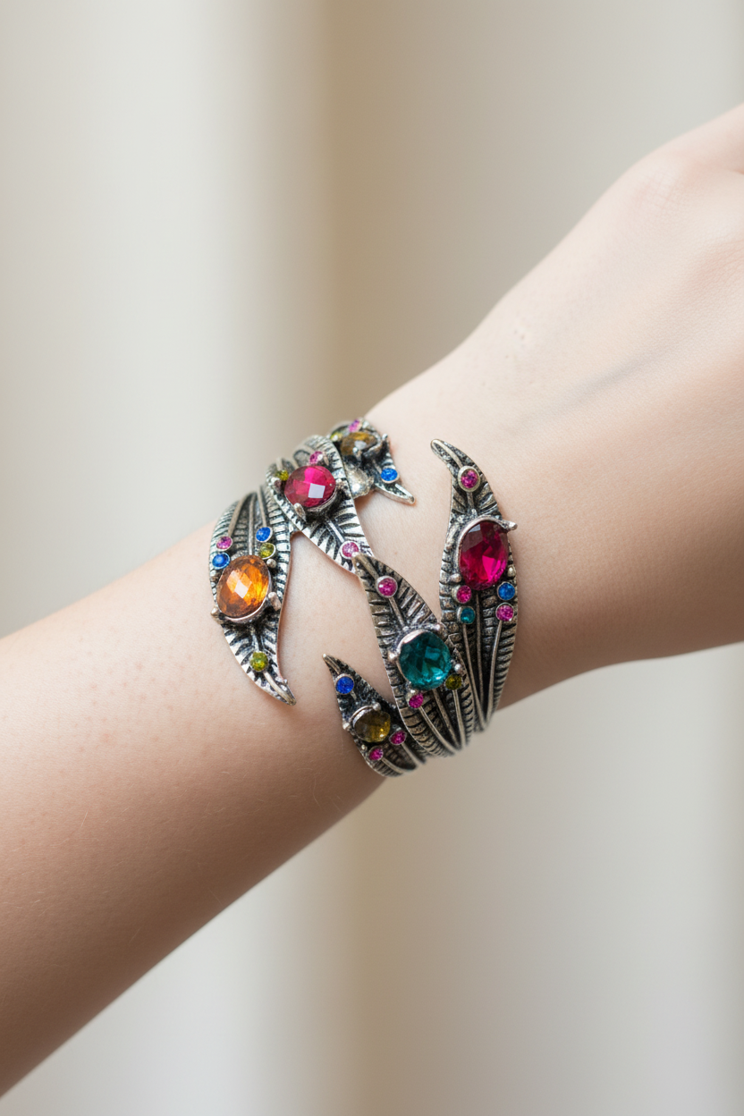 bracelet manchette vintage - exceptionnel - laiton argent vieilli - pierre strass multicolore strass - neuf