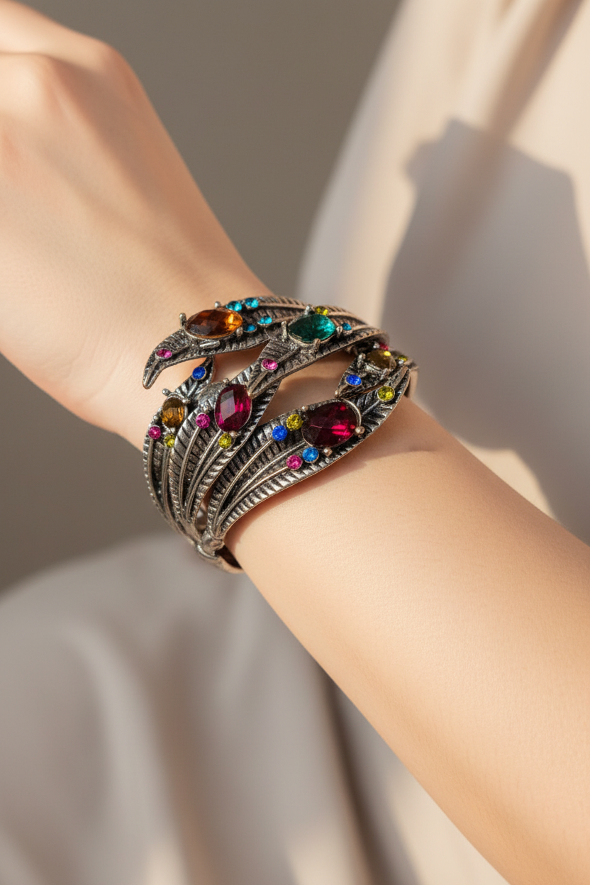 bracelet manchette vintage - exceptionnel - laiton argent vieilli - pierre strass multicolore strass - neuf